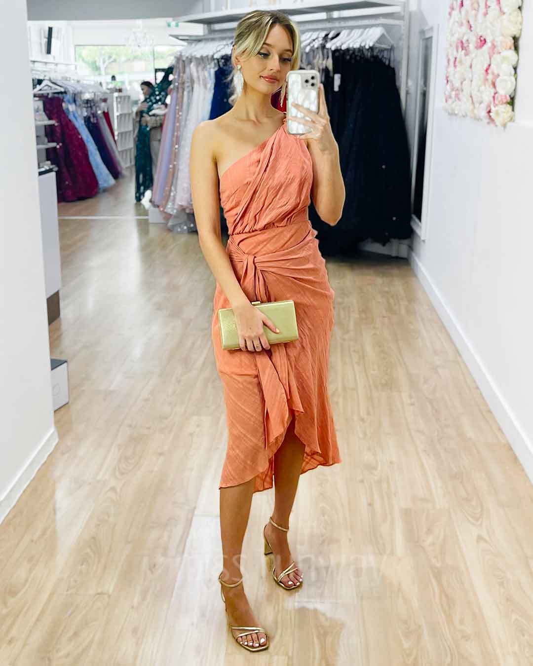 Olivia One Shoulder Midi Dress - Peach