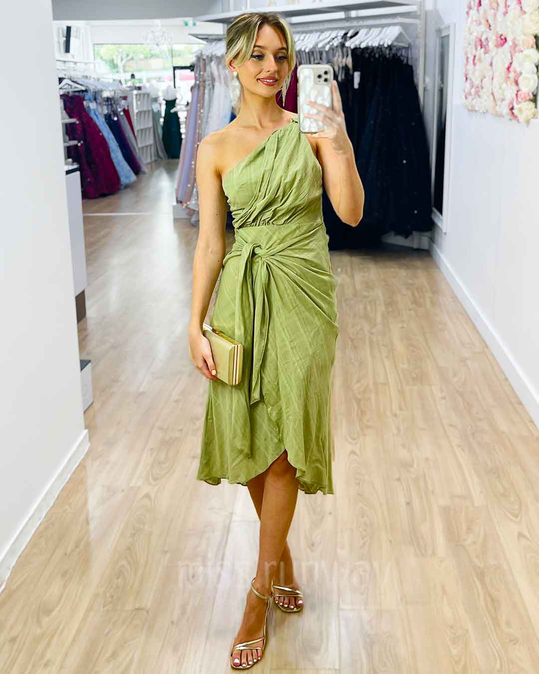 Olivia One Shoulder Midi Dress - Sage AU6 Olivia One Shoulder Midi Dress - Sage AU6