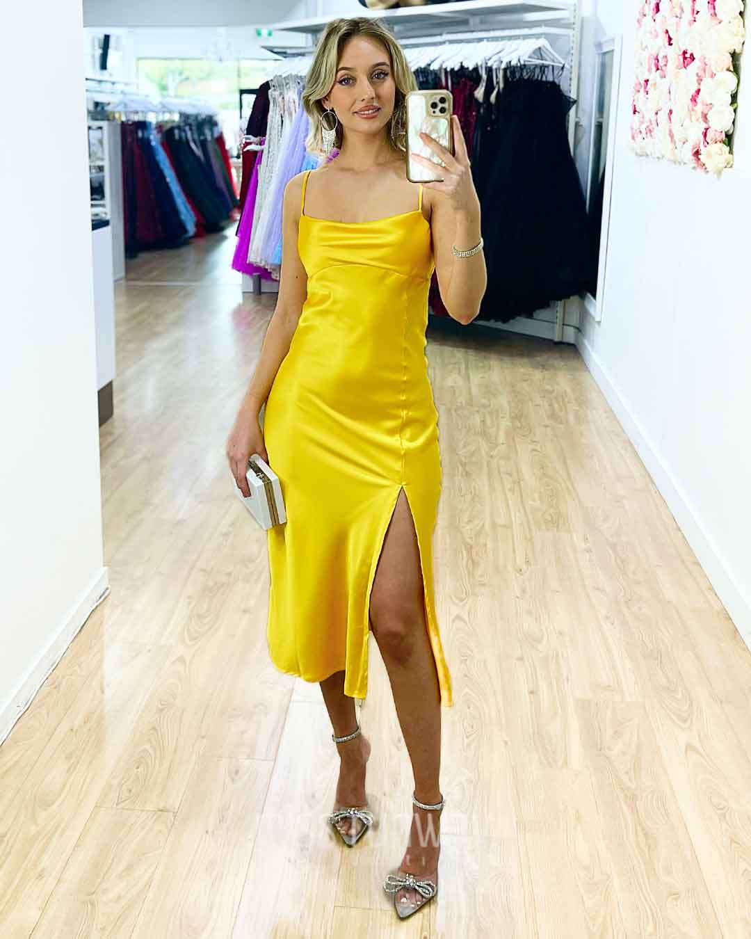 Sandrine Satin Midi Dress Yellow