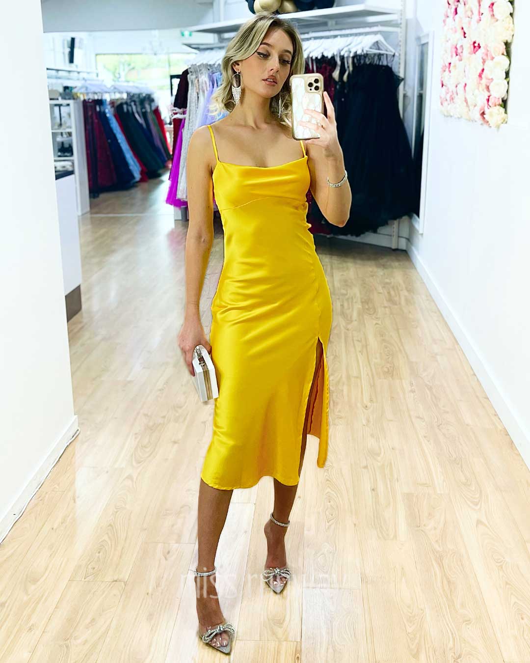 Sandrine Satin Midi Dress Yellow