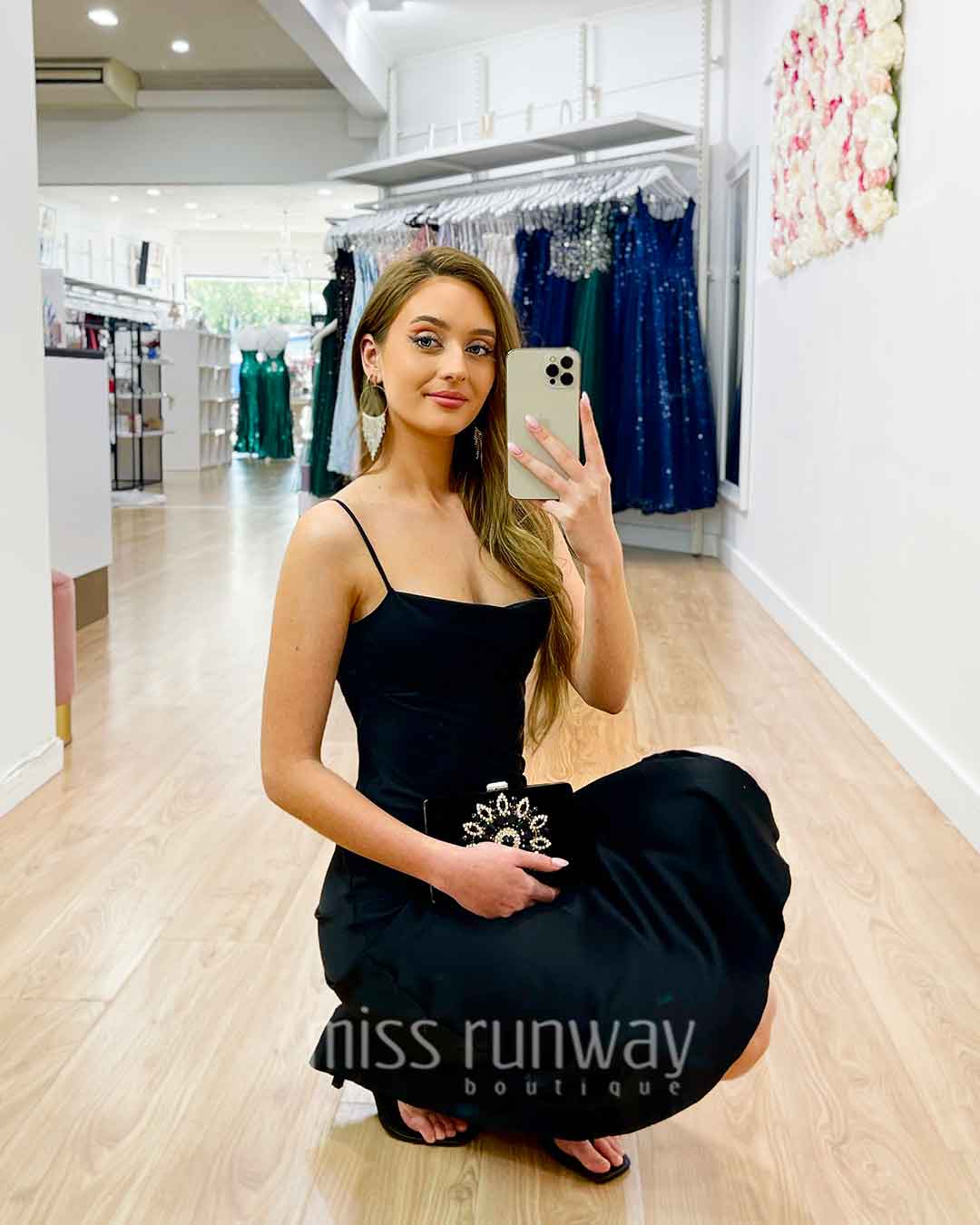 Sandrine Satin Midi Dress - Black