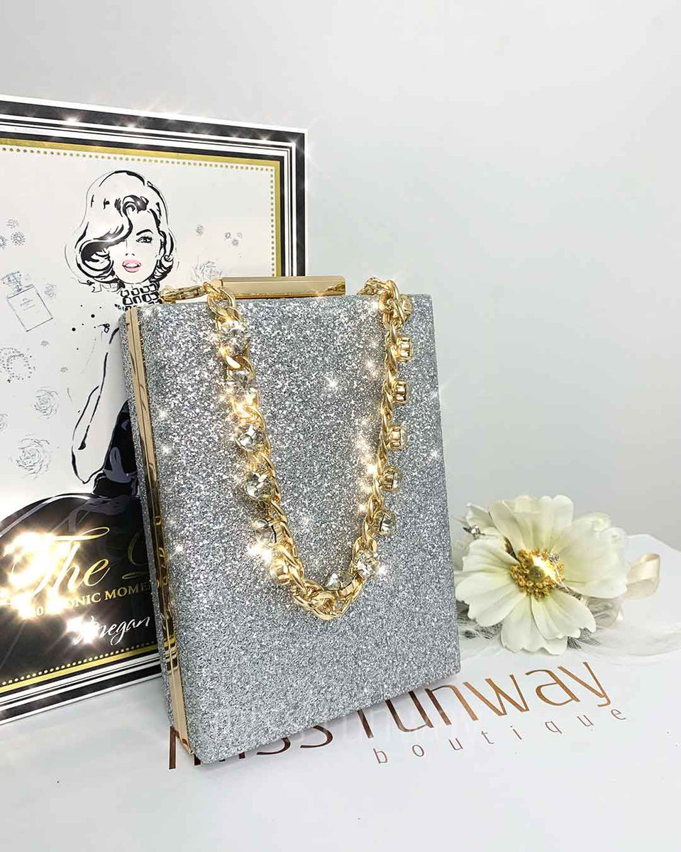 Sandy Glitter Box Clutch Silver