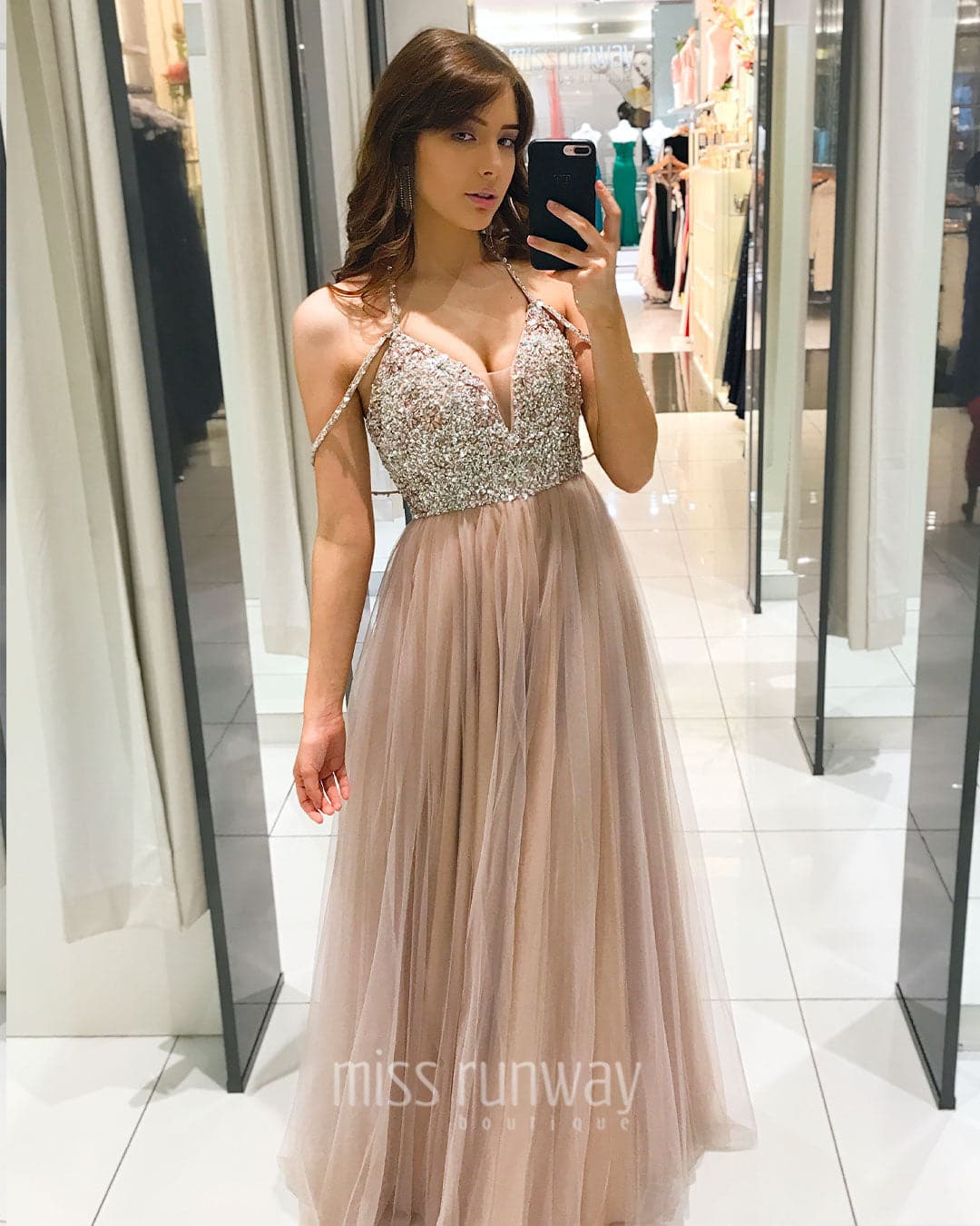 Sienna Beaded Tulle Gown - Dusty Pink