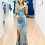 Stephanie Sequin Gown - Ice Blue