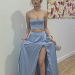 Lorna Corset Satin Two Piece Gown - Dove Blue