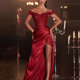 Gisela Embroidered Corset Satin Gown - Burgundy