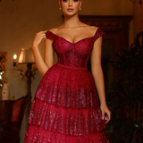 Maxine Layered Glitter Gown - Burgundy