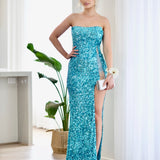 Guinevere Strapless Corset Sequin Gown - Aqua Blue