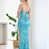 Guinevere Strapless Corset Sequin Gown - Aqua Blue