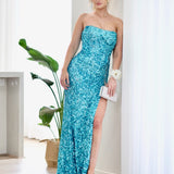 Guinevere Strapless Corset Sequin Gown - Aqua Blue