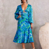 Kora Satin Midi Dress - Green/Blue Print