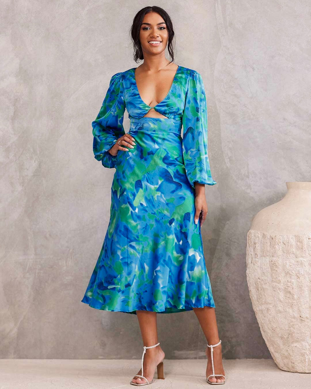 Kora Satin Midi Dress Green/Blue Print – Miss Runway Boutique