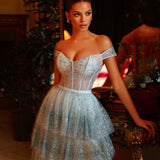 Maxine Layered Glitter Gown - Ice Blue