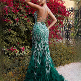 Lena Beaded Feather Gown - Emerald