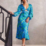 Kora Satin Midi Dress - Green/Blue Print