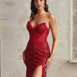 Irene Strapless Beaded Gown - Red