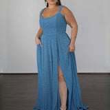 Hayley Metallic Jersey Gown - Sky Blue