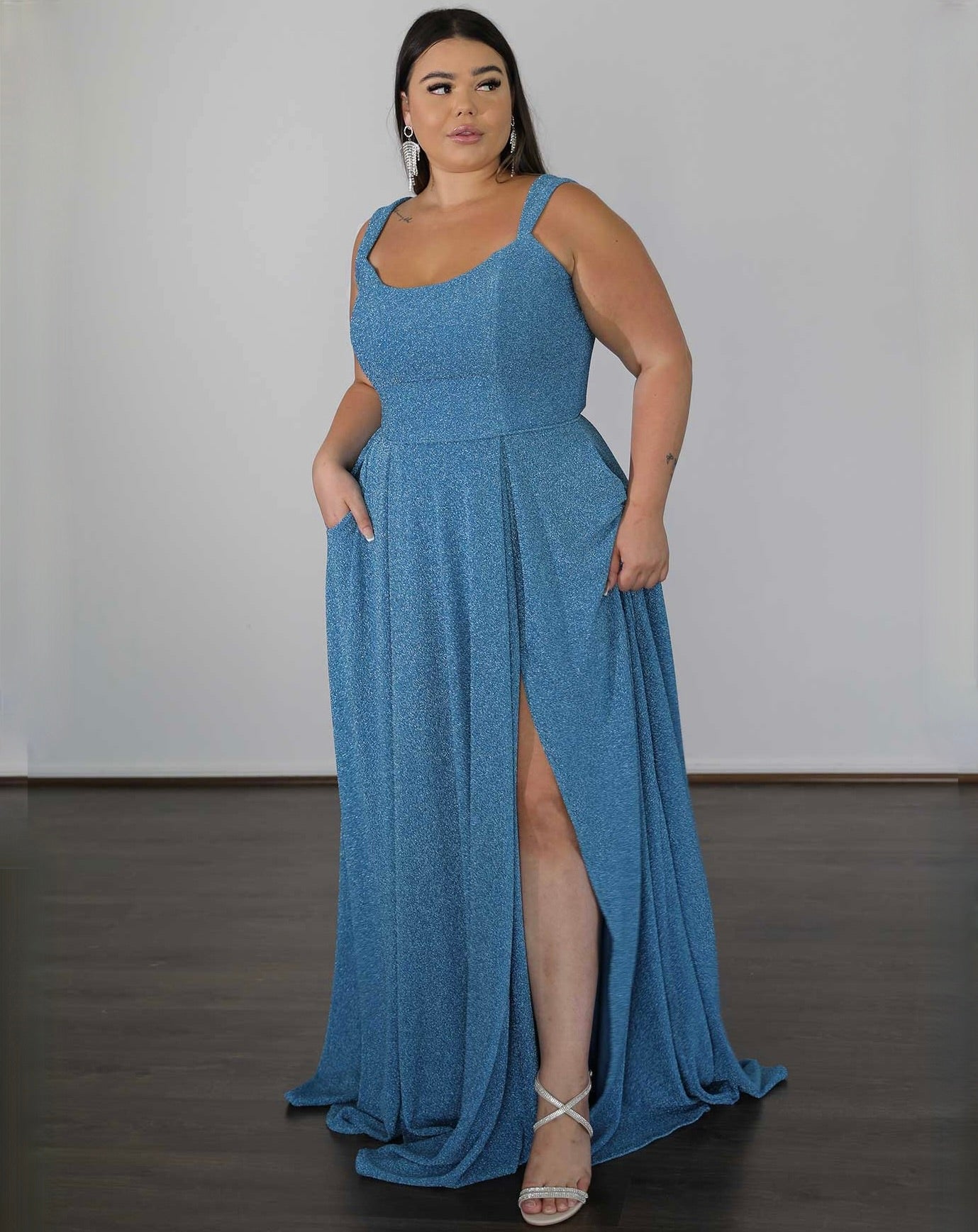 Hayley Metallic Jersey Gown - Sky Blue