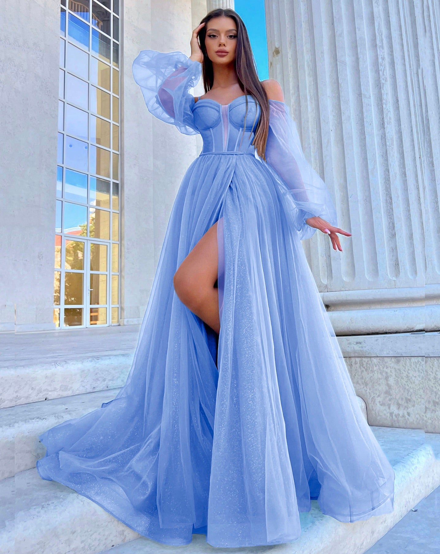 Savannah Off Shoulder Corset Gown - Blue Blossom