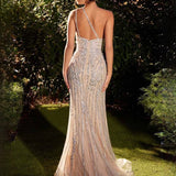 Antoinette One Shoulder Beaded Gown - Silver/Nude