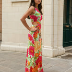 Agatha Mesh Maxi Dress - Pink/Green Floral Side