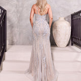 Antoinette One Shoulder Beaded Gown - Silver/Nude