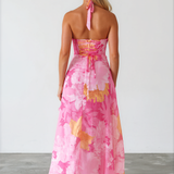 Audrey Halterneck Maxi Dress - Pink Print