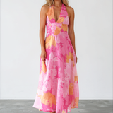 Audrey Halterneck Maxi Dress - Pink Print