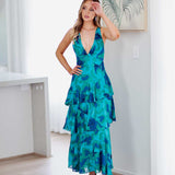 Bella Layered Chiffon Maxi Dress - Blue/Green Print