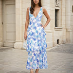 Bella Layered Chiffon Maxi Dress Blue Floral Front