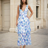 Bella Layered Chiffon Maxi Dress Blue Floral Front