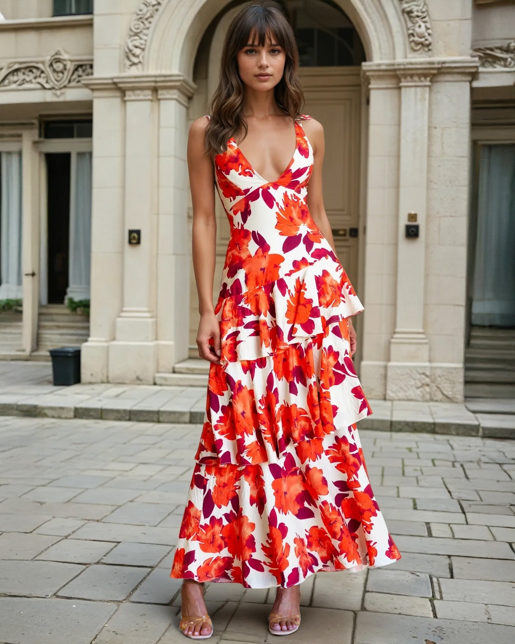 Bella Layered Dress Orange Print Front