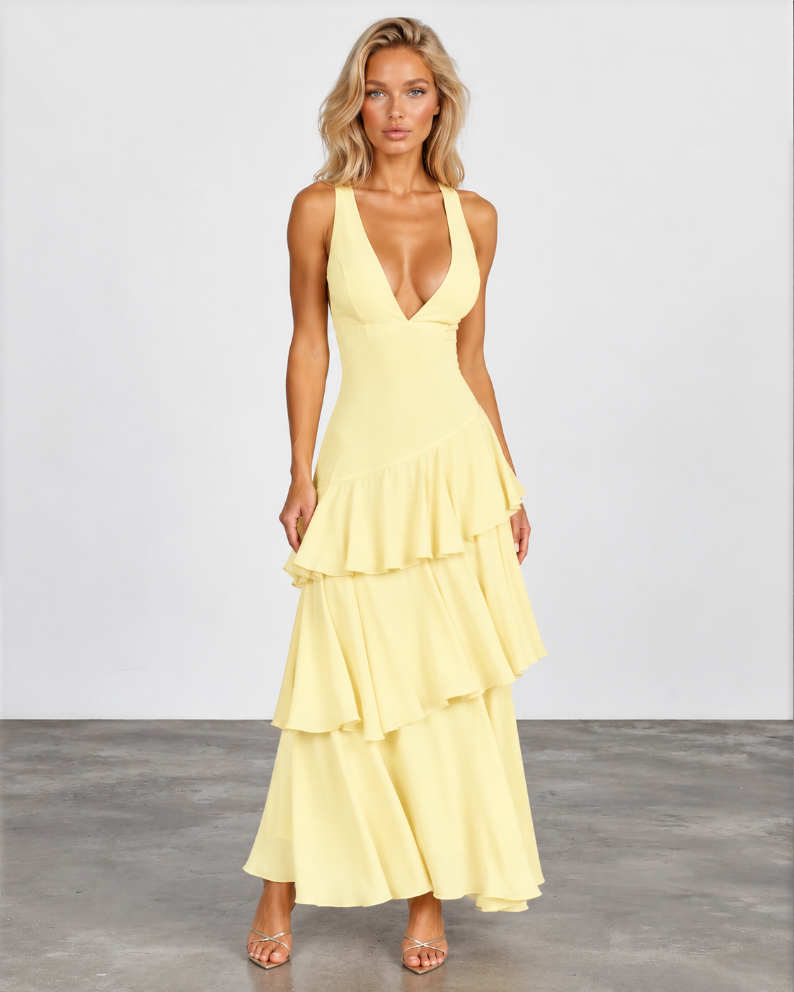 A woman modeling a pale yellow sleeveless maxi dress with a deep V-neckline and a tiered ruffle skirt, standing against a light gray studio background.