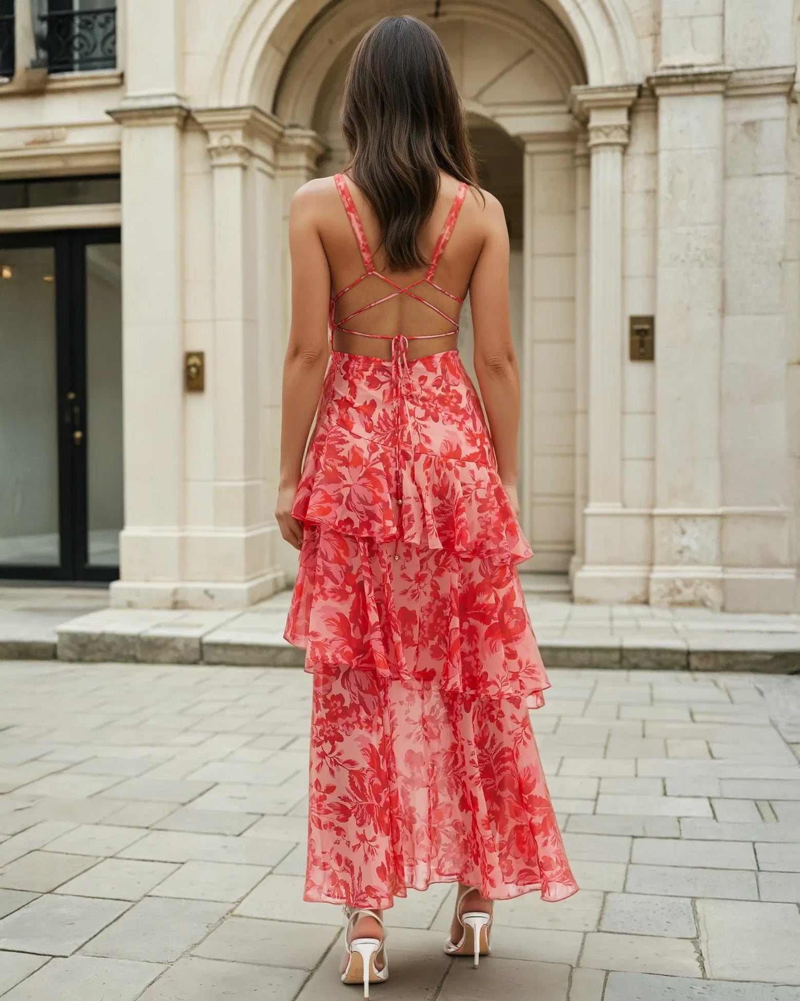Bella Layered Chiffon Maxi Dress Red Print Back