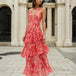 Bella Layered Chiffon Maxi Dress Red Print Front