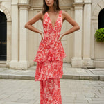 Bella Layered Chiffon Maxi Dress Red Print Front