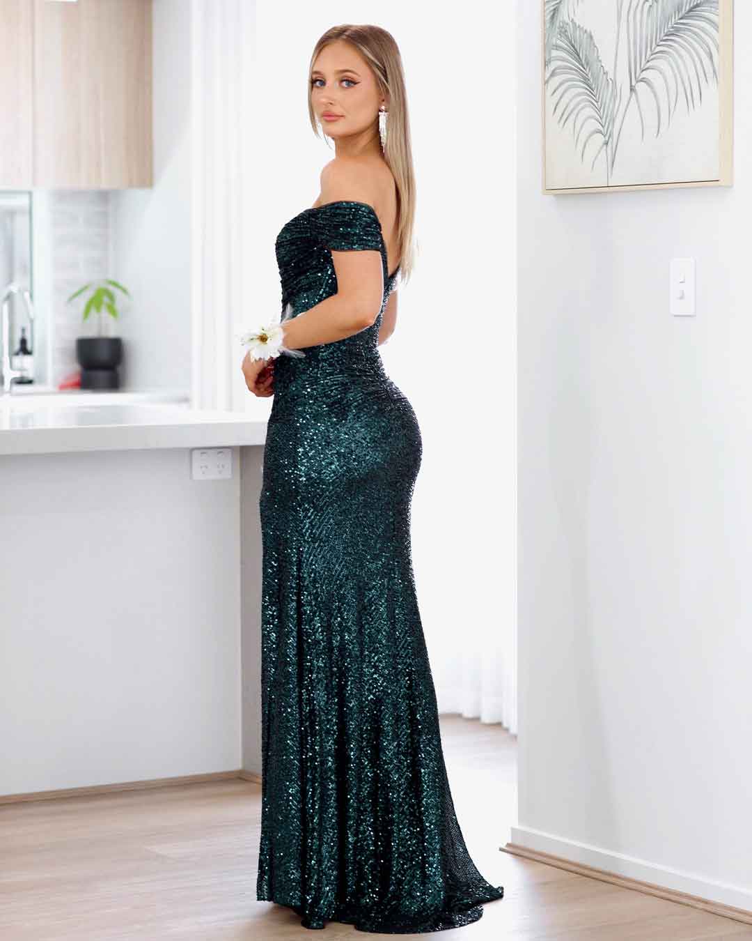 Bellatrix Off Shoulder Sequin Gown - Emerald