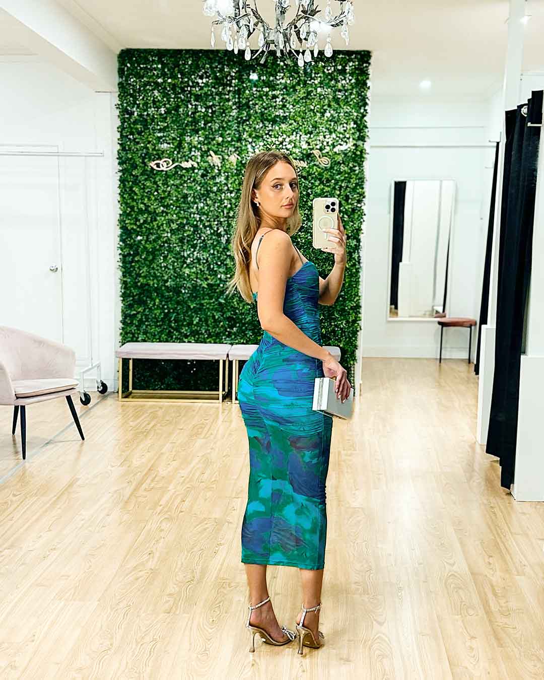 Calista Ruched Midi Dress - Blue/Green Print Miss Runway Boutique Calista Ruched Midi Dress - Blue/Green Print Miss Runway Boutique