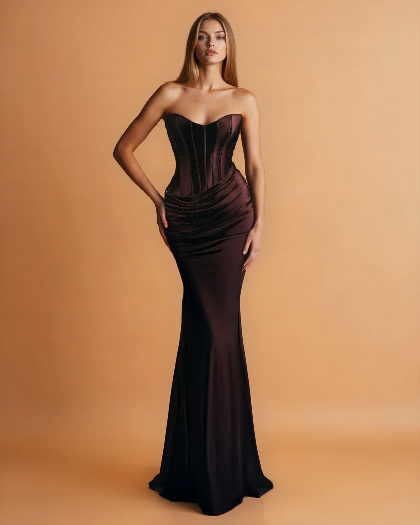 Camila Corset Satin Gown Chocolate Front