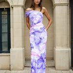 Cecilia One Shoulder Maxi Dress Lilac Print Front