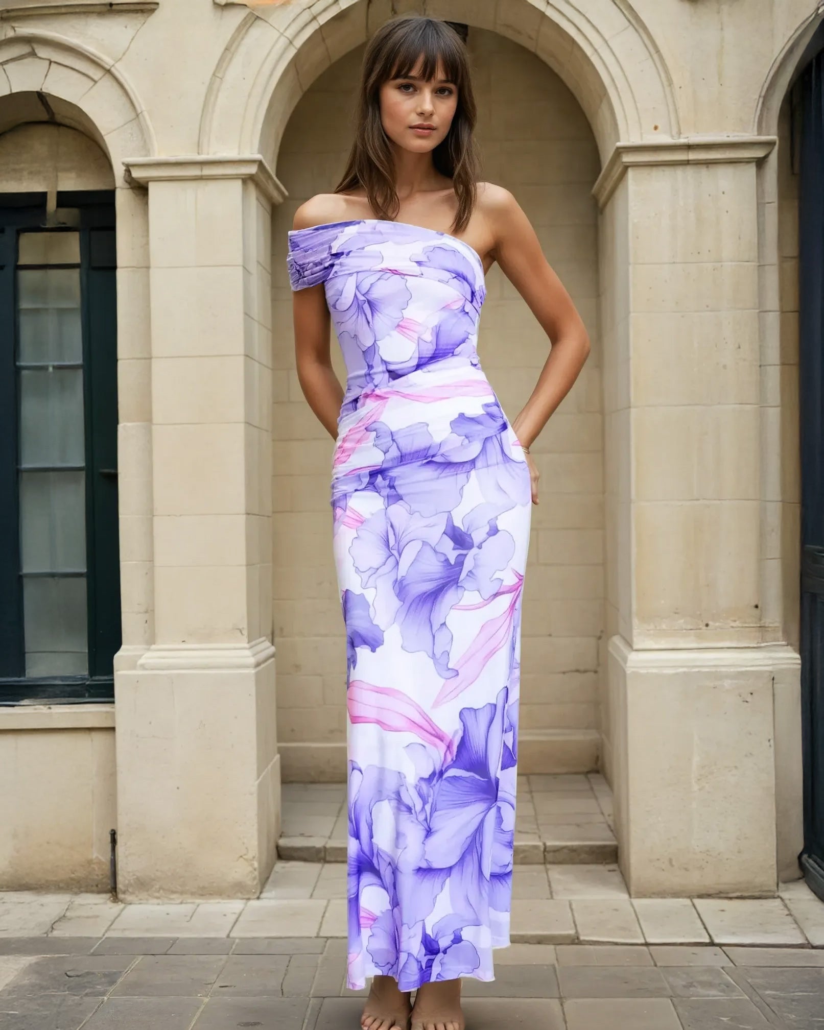 Cecilia One Shoulder Maxi Dress Lilac Print Front