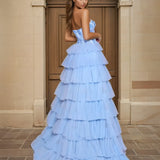 Celeste Layered Strapless Ball Gown Powder Blue Back