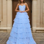 Celeste Layered Strapless Ball Gown Powder Blue Front