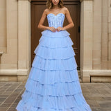 Celeste Layered Strapless Ball Gown Powder Blue Front