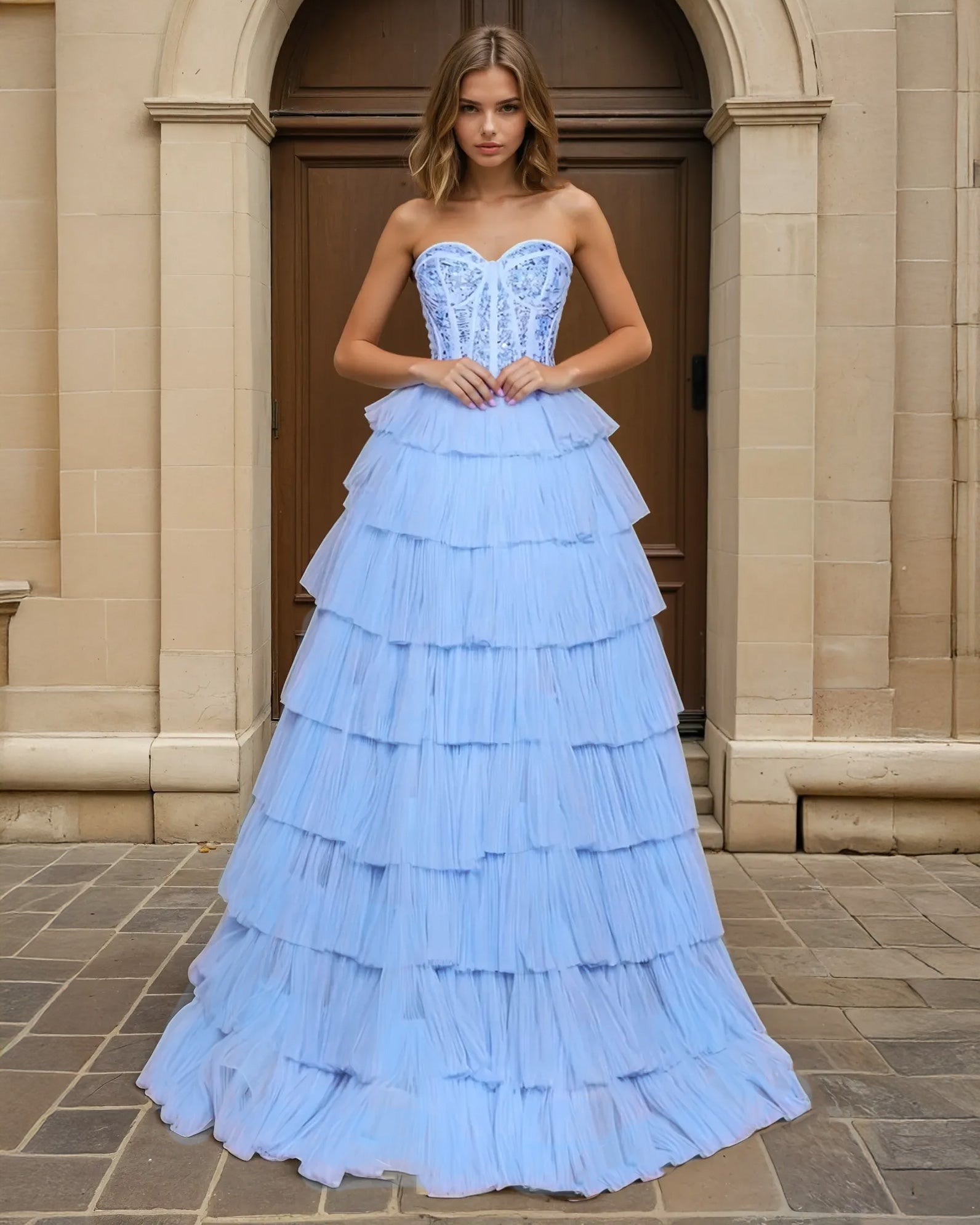 Celeste Layered Strapless Ball Gown Powder Blue Front