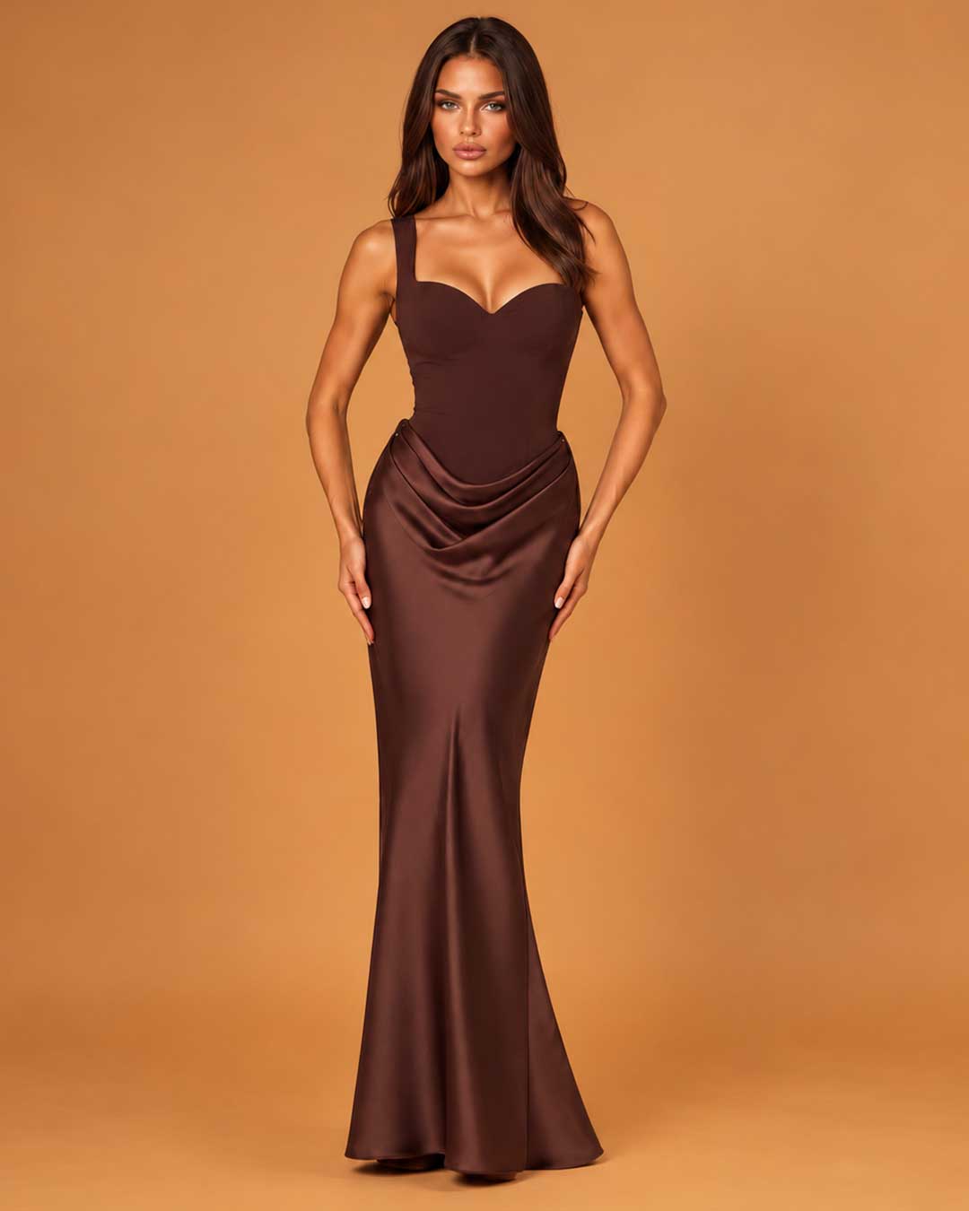 A woman modeling a floor-length, satin-like dark brown gown with a sweetheart neckline, structured bodice, draped waist, and fitted mermaid-style skirt against a warm tan studio backdrop.
