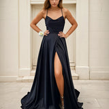 Cindy Satin A Line Formal Gown Black