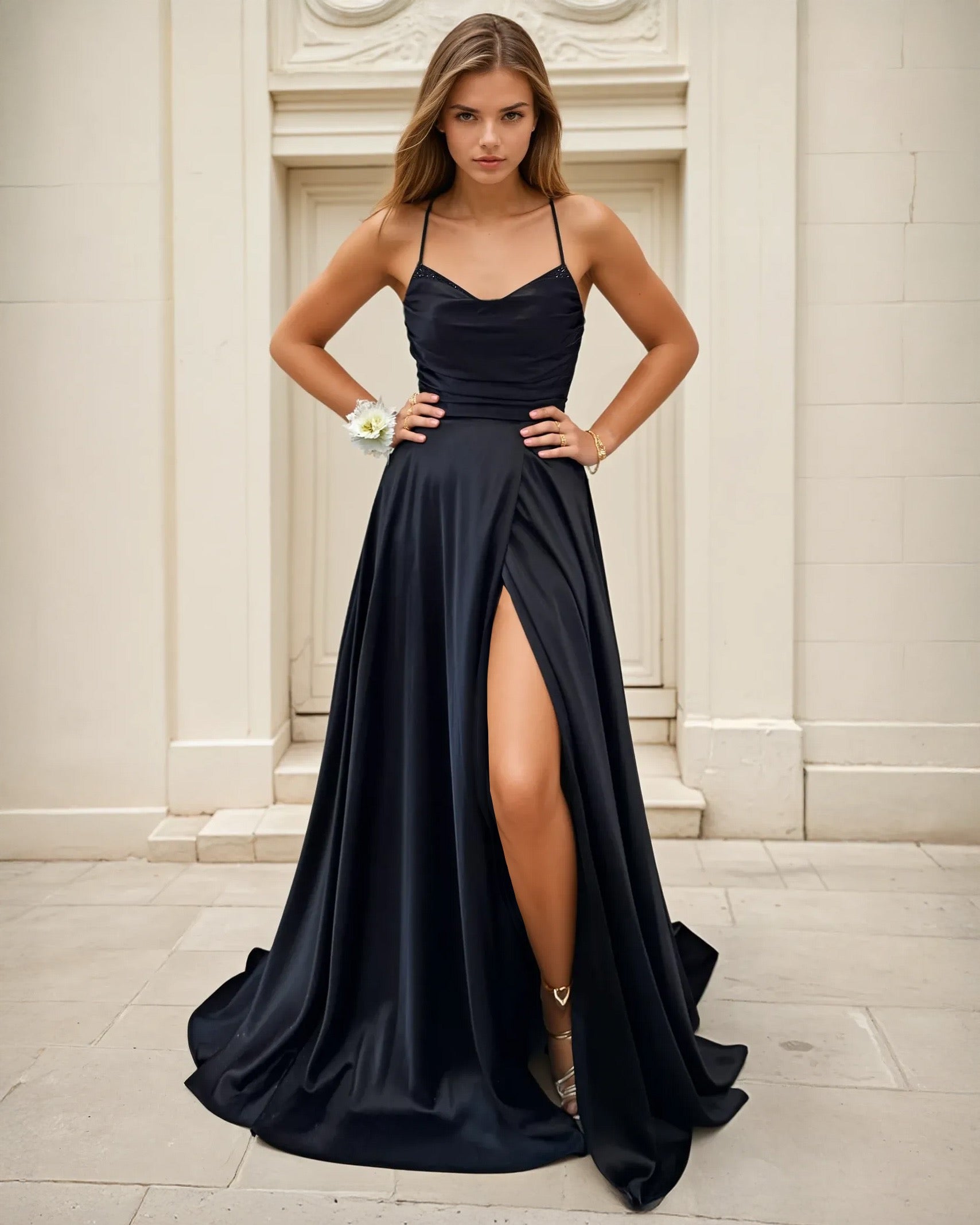 Cindy Satin A Line Formal Gown Black