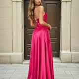 Cindy Satin A-line Gown Hot Pink Back
