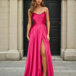 Cindy Satin A-line Gown Hot Pink Front
